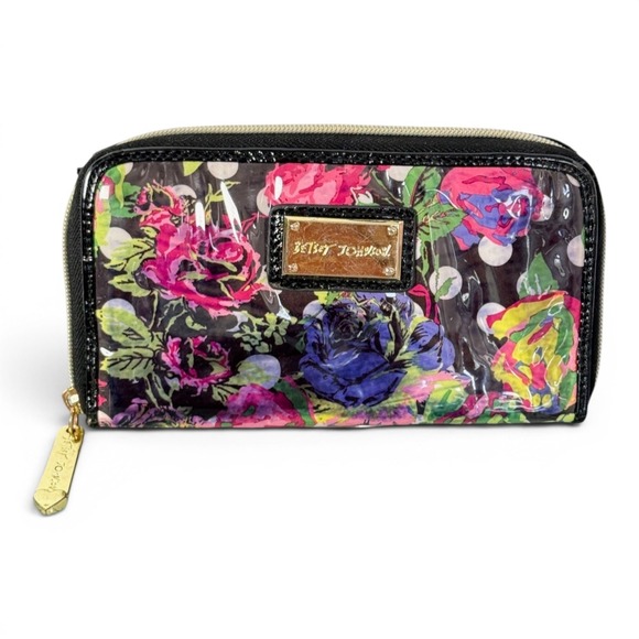 Betsey Johnson Handbags - Betsey Johnson Zip Around Accordion Wallet Black Floral Polka Dot Kitschy Vinyl
